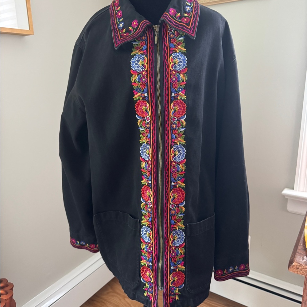 Embroidered Black Denim Jacket Pockets Full Zip , Craft Cuff Buttons Sz  Large